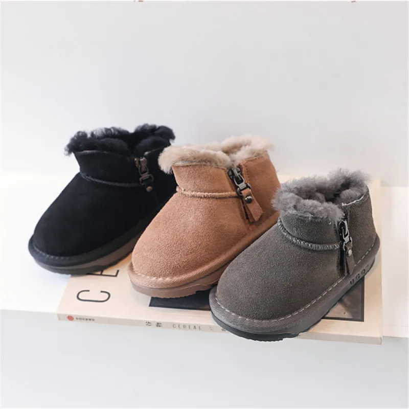 

2023 Winter New Children Snow Boots Genuine Leather Warm Plush Zip Side Boys Shoes Non-slip Fashion Toddler Girls Boots EU21-30