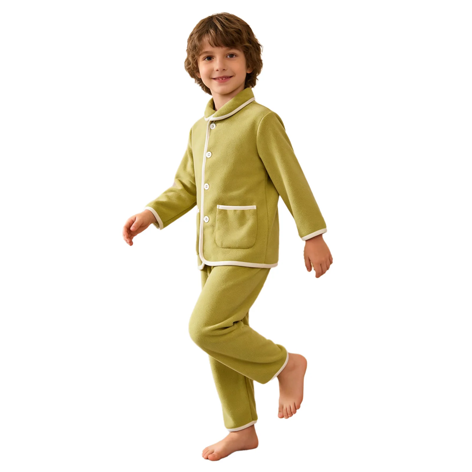어린이 소녀 소년 따뜻한 양털 잠옷 세트 목욕 휴일 파티 캐주얼 데일리웨어 홈웨어 라운지웨어 긴 소매 버튼 탑+바지