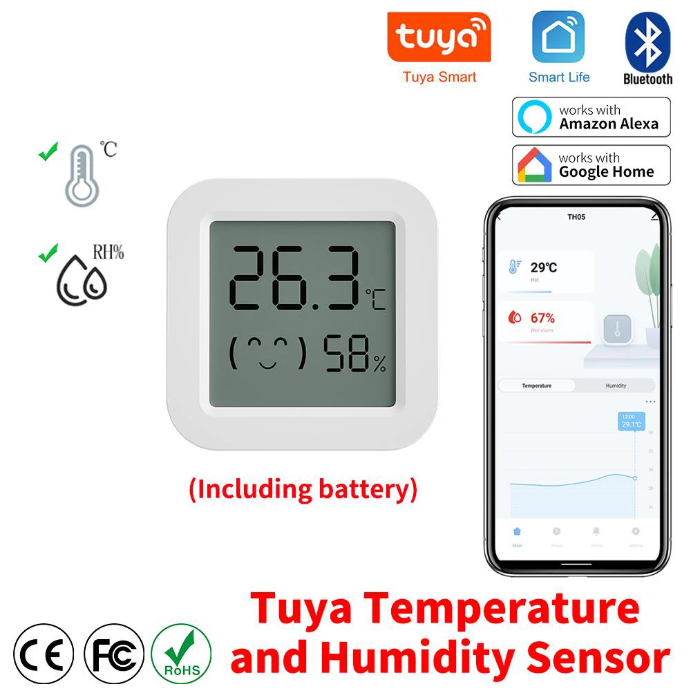 Tuya สมาร์ทบลูทูธอุณหภูมิความชื้นเซนเซอร์จอแสดงผล LCD เครื่องวัดอุณหภูมิเครื่องวัดความชื้น APP ระยะไกล Google Home Alexa Voice Control 1