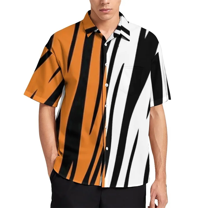 thumbnail image 1 of Camisa informal con estampado de rayas de piel de tigre para hombre, camisa hawaiana de vacaciones de manga corta, camiseta de gran tamaño para hombre, blusas, ropa, 1 of 5
