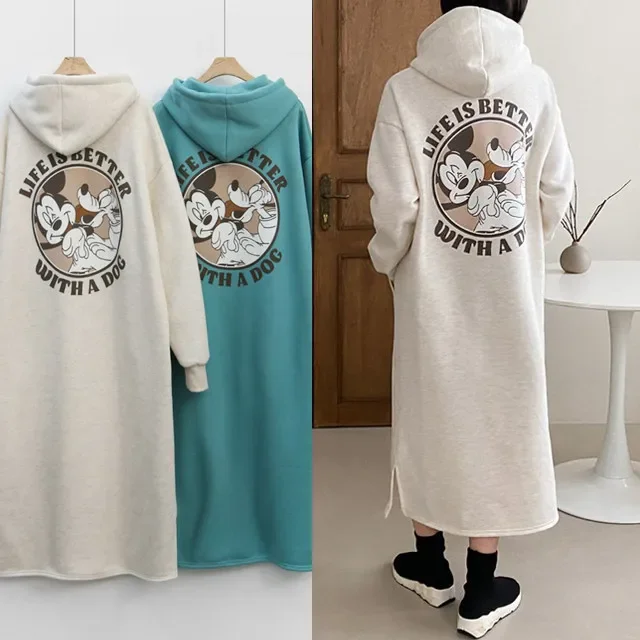 جديد خريف/شتاء  سترة نسائية سميكة مبطنة بالصوف فستان بقلنسوة فضفاض مناسب طويل فوق الركبة على الطراز الكوري