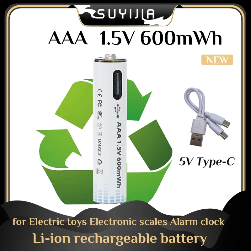 

1.5v 600mWh AAA Rechargeable Battery Learning Machine No.7 Lithium Battery USB Type-c Fast Charge Toys Remote Controller Battery