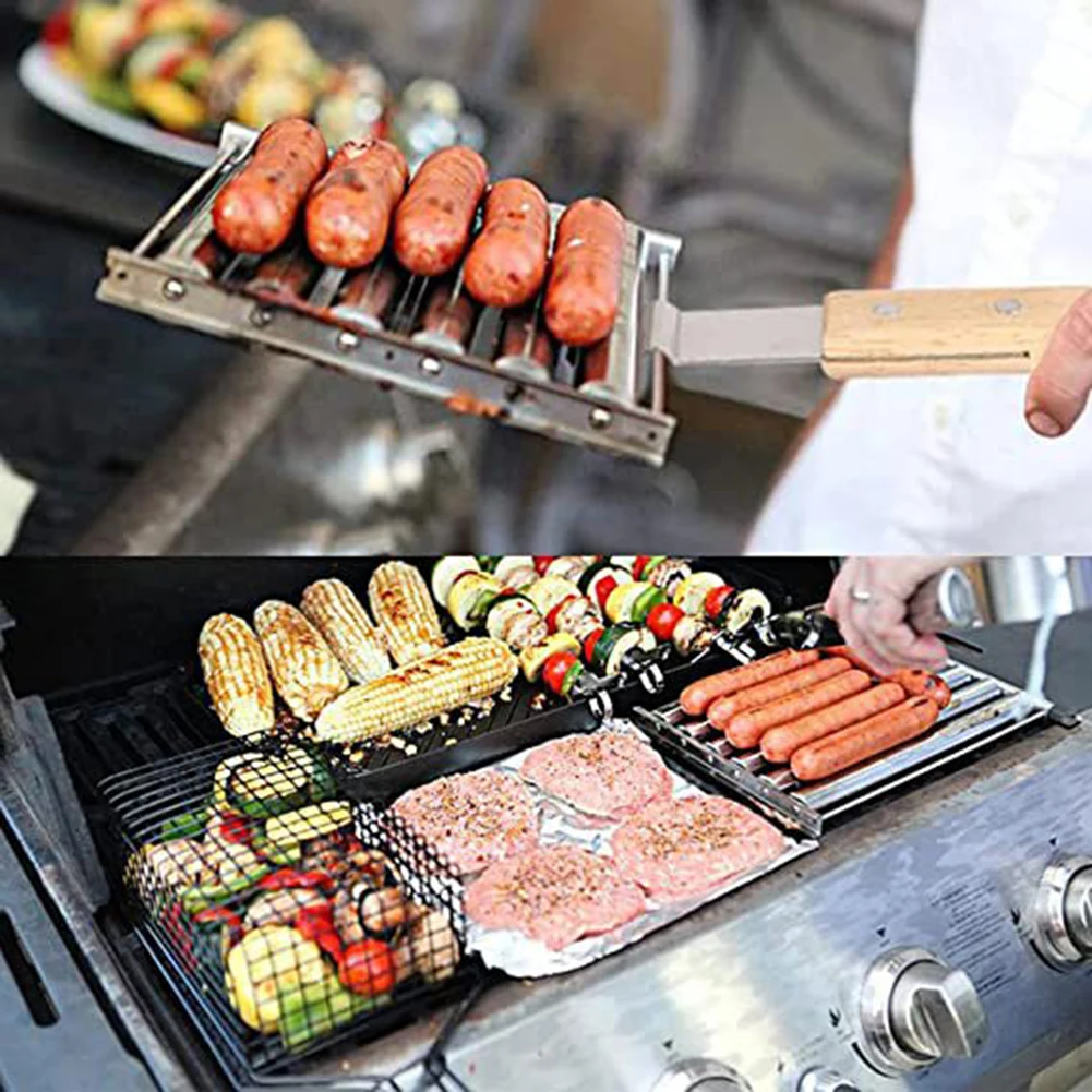 BBQ Tools Rolling Hot Dog Grill Stainless Steel Sausage Rack Kitchen Outdoor Camping Disassembled Barbecue Clip