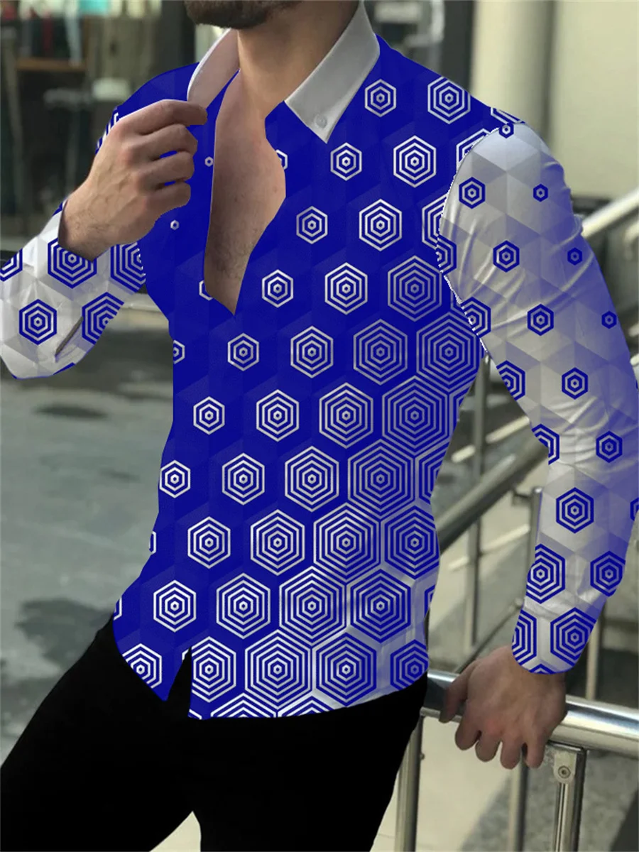 

Shirt Men Lapel Stand Collar Fashion Casual Blue Purple Geometric Outdoor Street Party High Quality Fabric 2023 New Plus Size