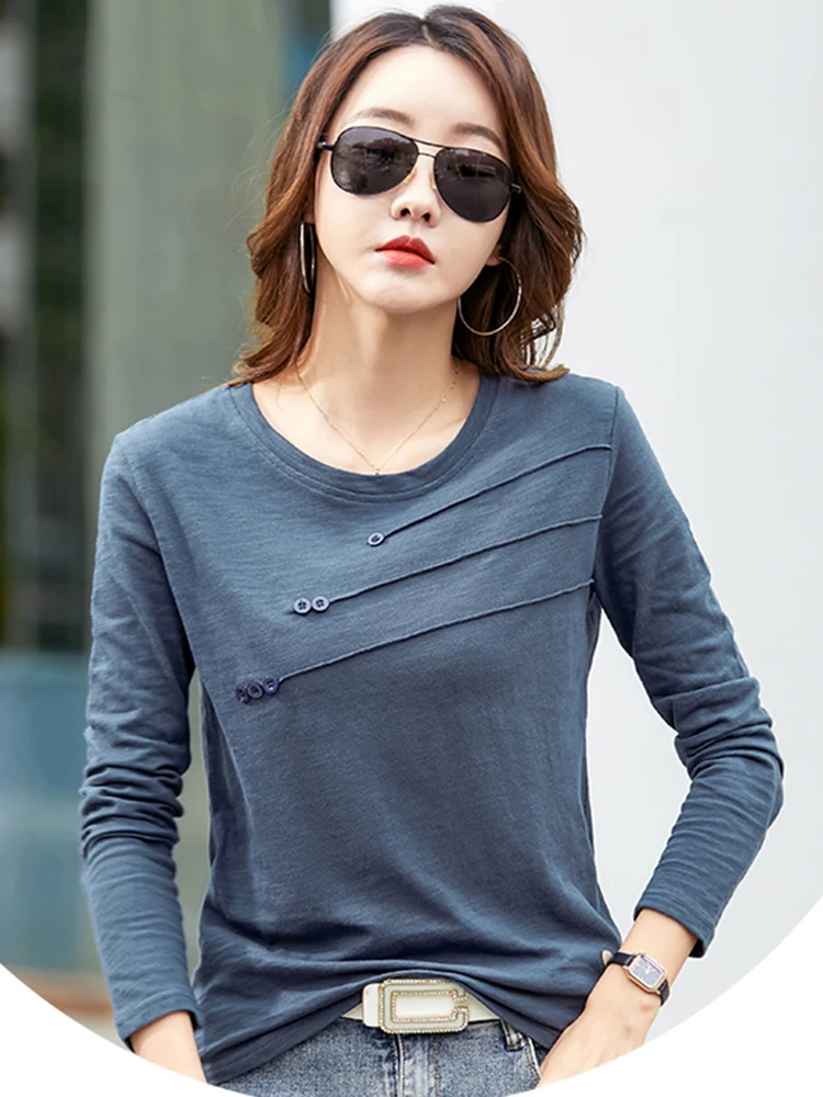 

2024 Cotton Women Tshirt Top Fashion Lines Design Long Sleeve O-Neck T-Shirts Womens Casual Streetwear T Shirt Lady Tops