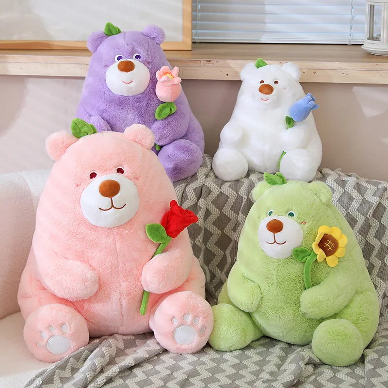 

Cute Candy Color Bear Plush Toy Kawaii Stuffed Animals Bear Holding Flowers Plushies Doll for Girlfriend Valentine's Day Gifts