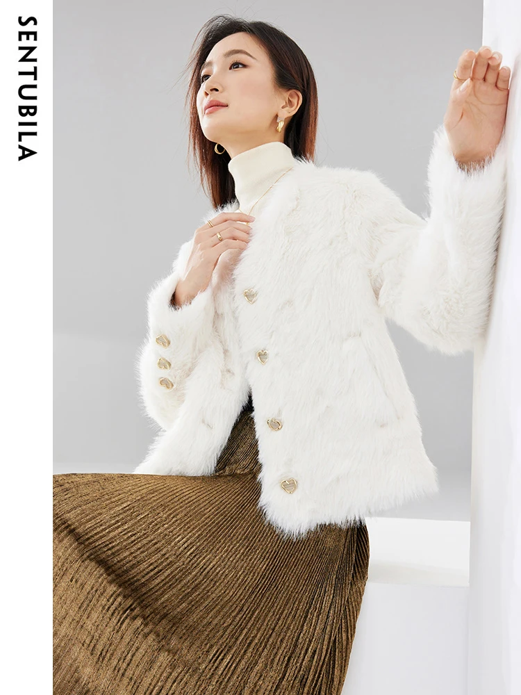 SENTUBILA High Quality Thick Warm Faux Fur Coat Women 2023 Autumn Winter Fashion V Neck Fur Integrated Fluffy Jacket W34W49726