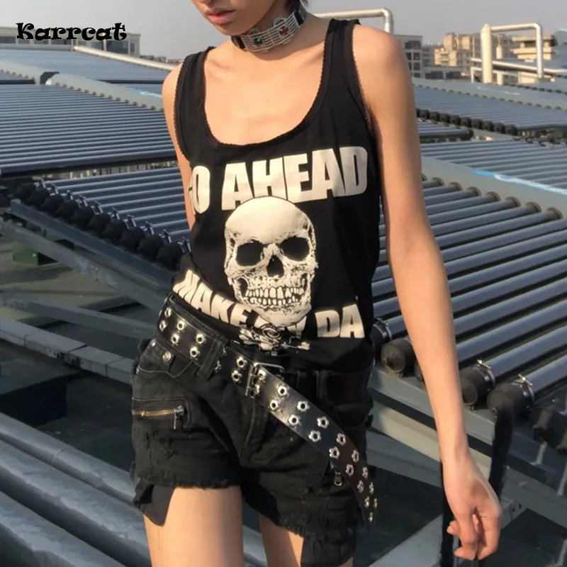 Karrcat Gothic Skull Tank Tops Punk Style Grunge Camisole Japanese