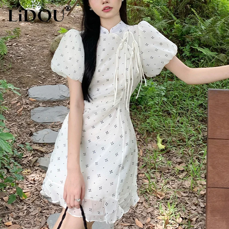 

Summer Chinese Style Vintage Floral Printing Bodycon Dress Ladies Elegant Fashion Tassel Robe Femme Short Sleeve Slim Vestido