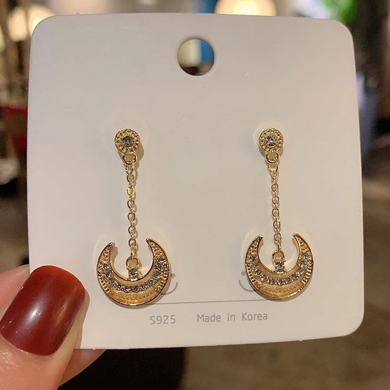 Pendient Colgant Con Borlas De Luna Para Mujer, Aret Con Diamant De Imitación, Perlas