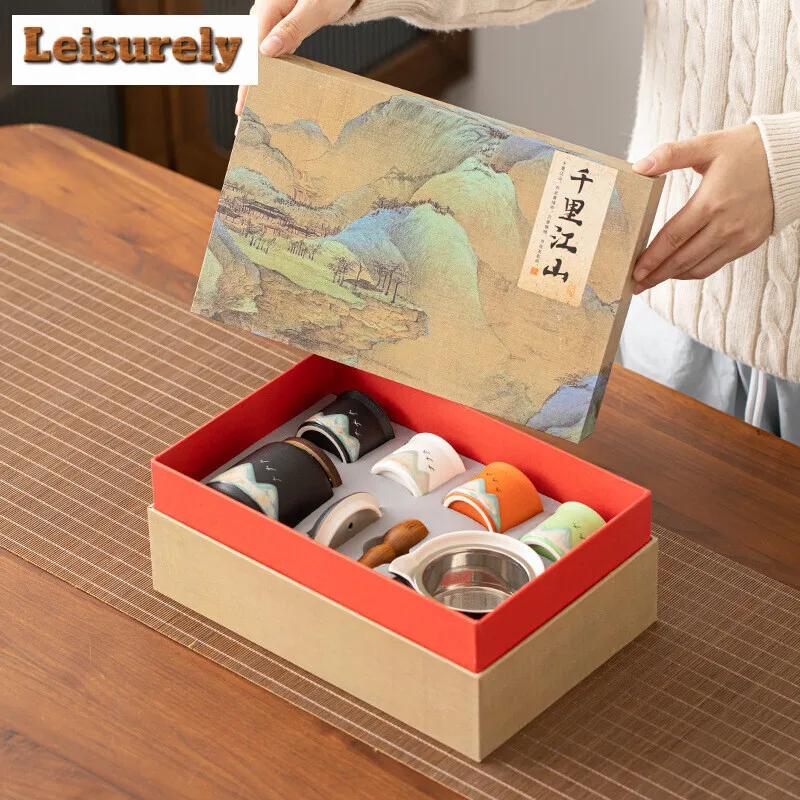 Hand-painted Rivers Mountains Tea Set Complete Set Boutique Tea Ceremony Set Teapot and Tea Cup Set Tea Services Ornaments Gifts