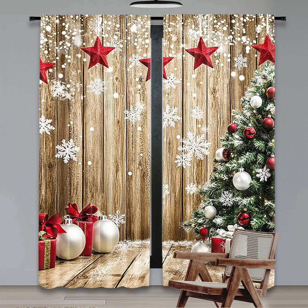 2Pcs Christmas Curtains Rustic Snow Christmas Tree Gifts For Christmas Party Decoration Suitable For Bedroom Living Room Dining 3