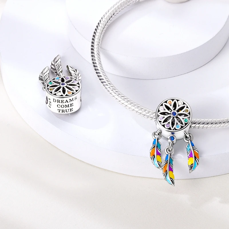 Spiritueller Traumfänger-Charm aus 925er Silber, Feder-Traumfänger-Perlen, passend für Original-Armband-Charms-Schmuck – Detail 3