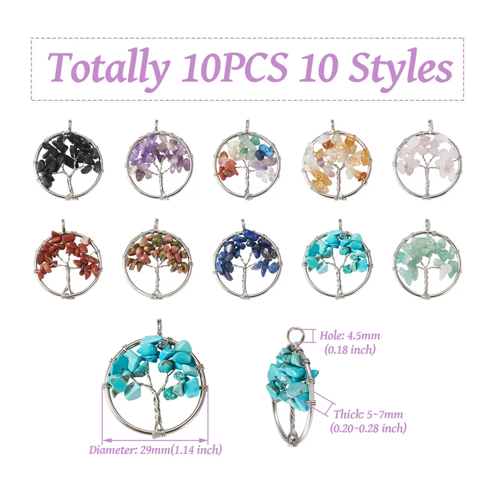 10pcs Natural & Synthetic Gemstone Chakra Crystal Tree Charms Mixed Color Necklace Earring Pendant DIY Jewelry Handcraft Making