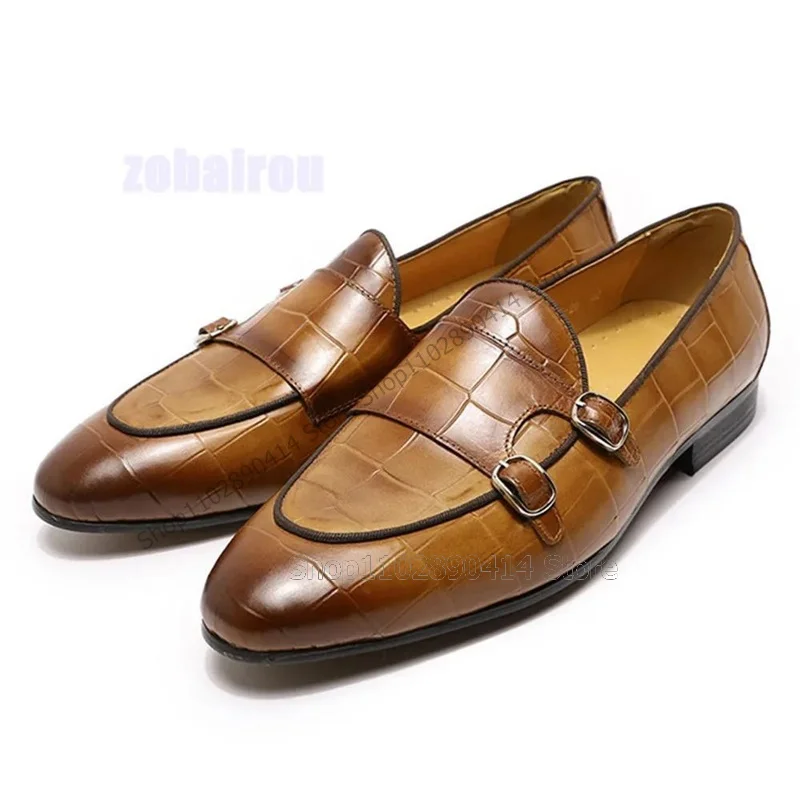 

Brown Black Buckle Decor Alligator Print Men Loafers Fashion Slip On Men Shoes Luxurious Handmade Party Office Men Dress Shoes