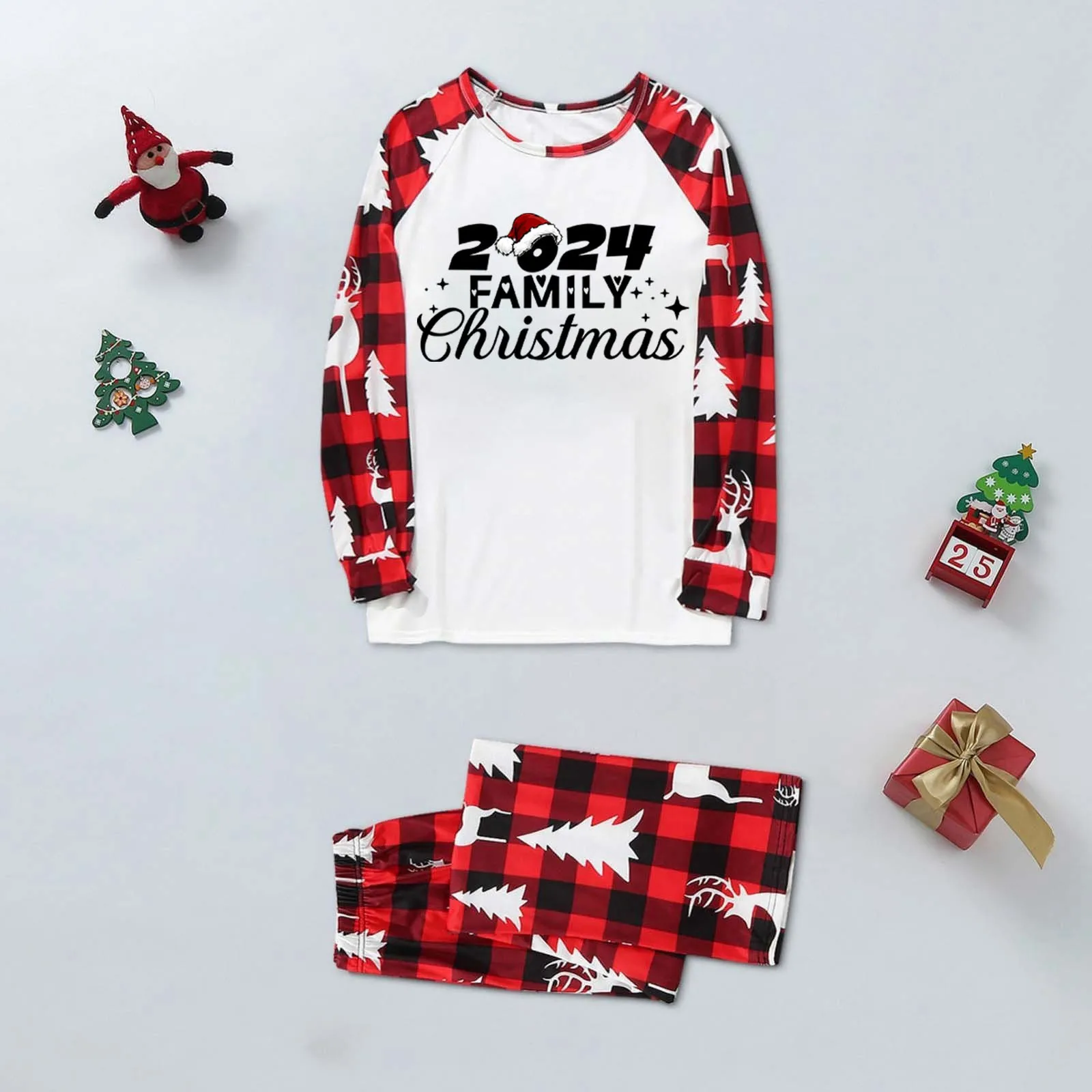 Nuevo pijama navideño familiar 2024 con estampado navideño en rojo y blanco y cómodos conjuntos familiares a juego, ropa de bebé para el hogar