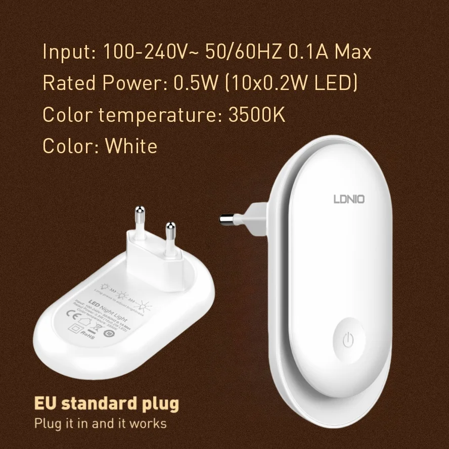 LDNIO Night Light Plug In Light Sensor Energy Saving EU Plug Small Led Nightlight Wall Aisle Bedroom Sleeping Children's Lamp