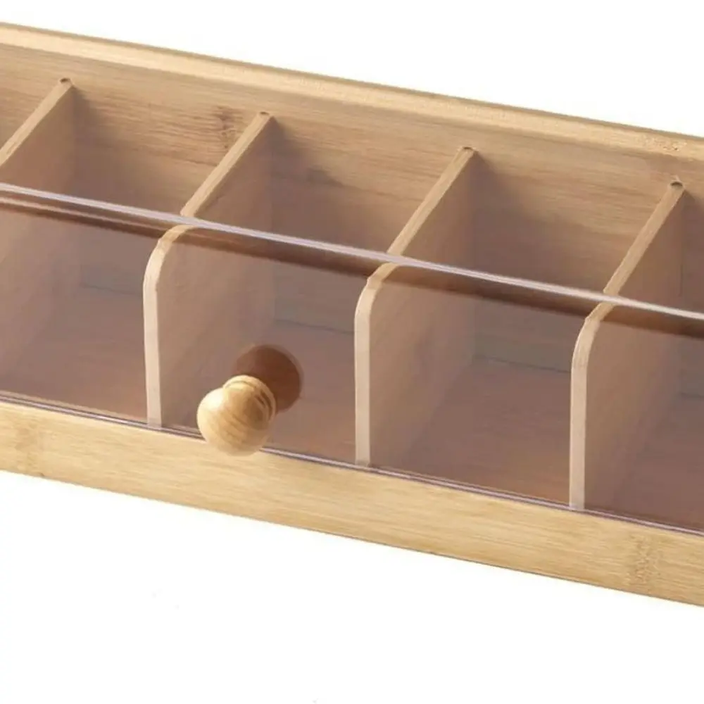 Description Picture 4 of item5 Slots Tea Bag Storage Organizer Bamboo Space Saving Coffee Capsule Storage Box Transparent Handmade Desktop Sundries Organizer