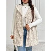 Plus Size 1XL-5XL Women's Textured Hooded Vest Sleeveless Hoodie Coat Button Down Faux Fur Coat - Image 2