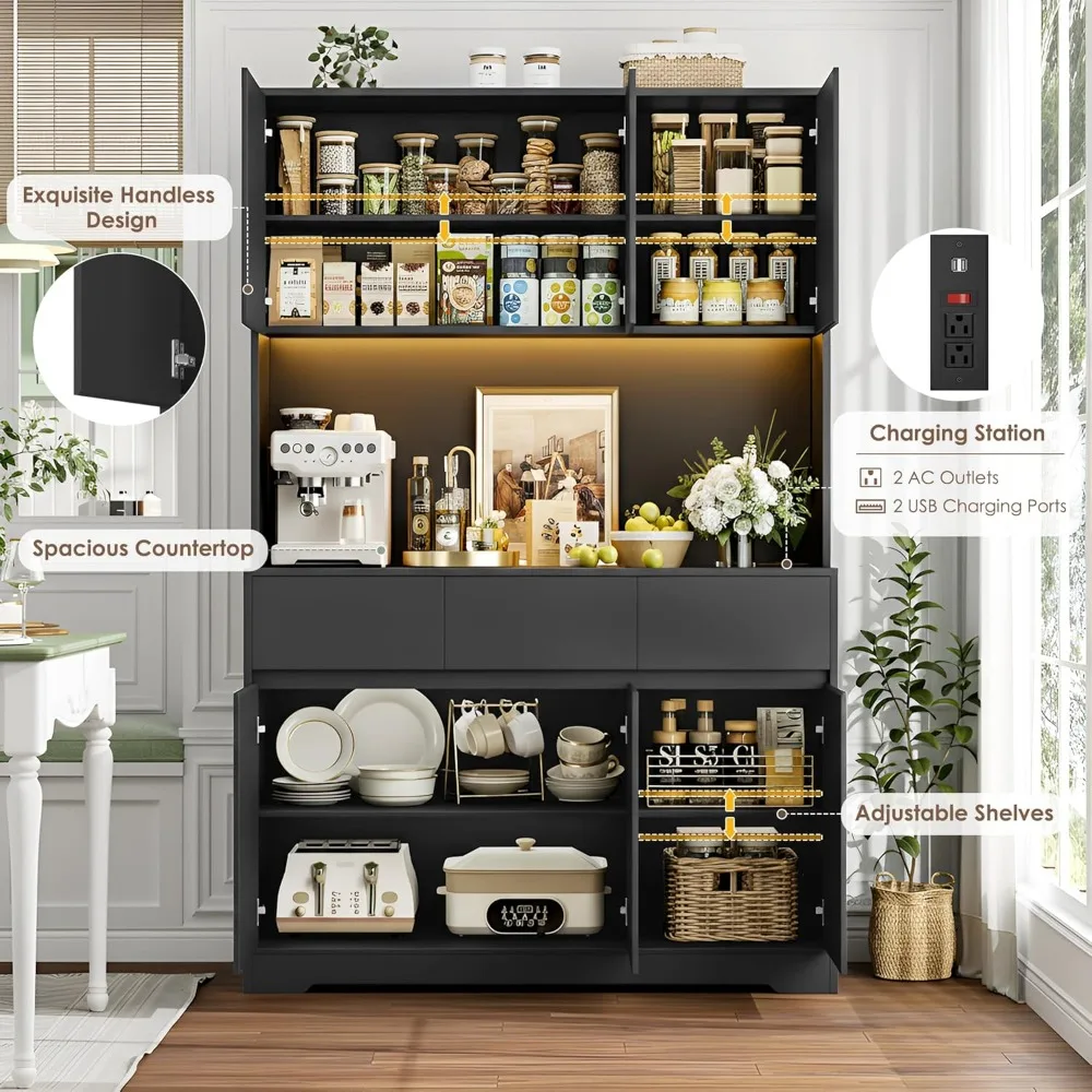 Large Kitchen Pantry Cabinet with Power Outlets, LED Lights, and Microwave Stand, Black Tall Storage Hutch