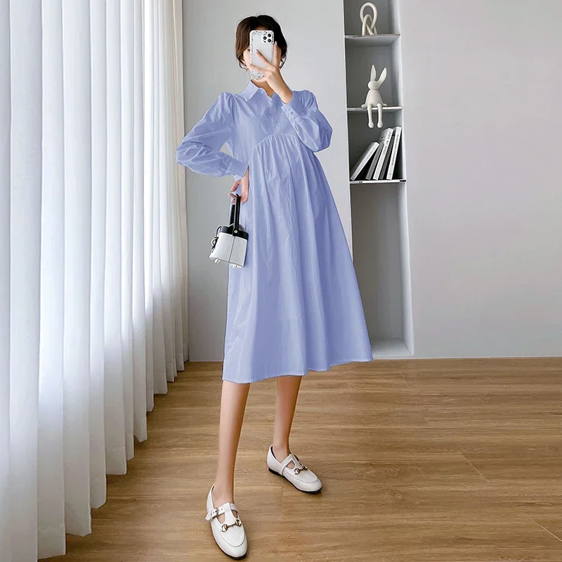 임산부용 코튼 임산부 롱 블라우스, 원피스 우아한 A 라인 느슨한 옷, 임신 의류, 용수철 가을