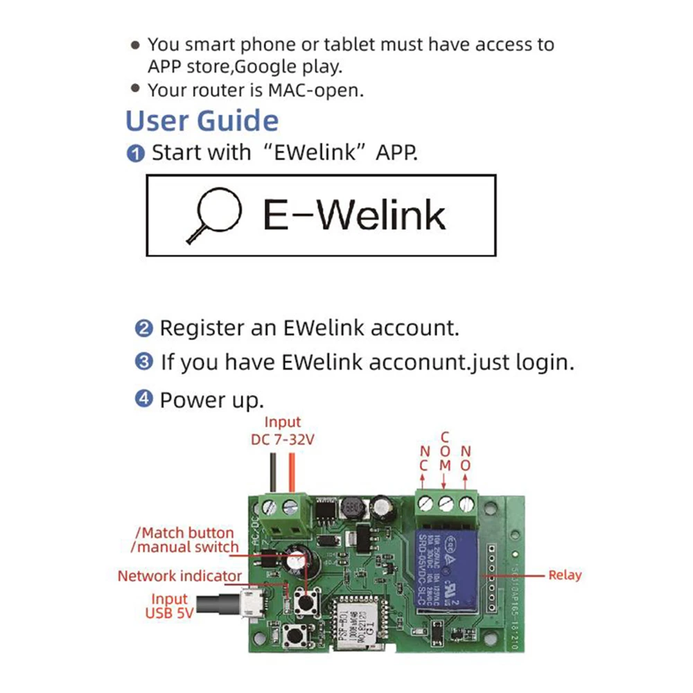 DC 7-32V 12V 24V 10A Wifi Relay Switch for eWeLink APP Smart Remote Control Self-lock Wireless Wifi Switch Module for Smart Home