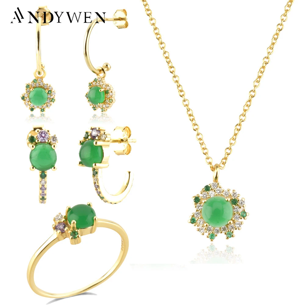 Andywen Argento Sterling 925 Oro Lofoten Isola Verde Arcobaleno Cerchi Orecchino Piercing Goccia Pendiente Set Di Gioielli Di Lusso Collana