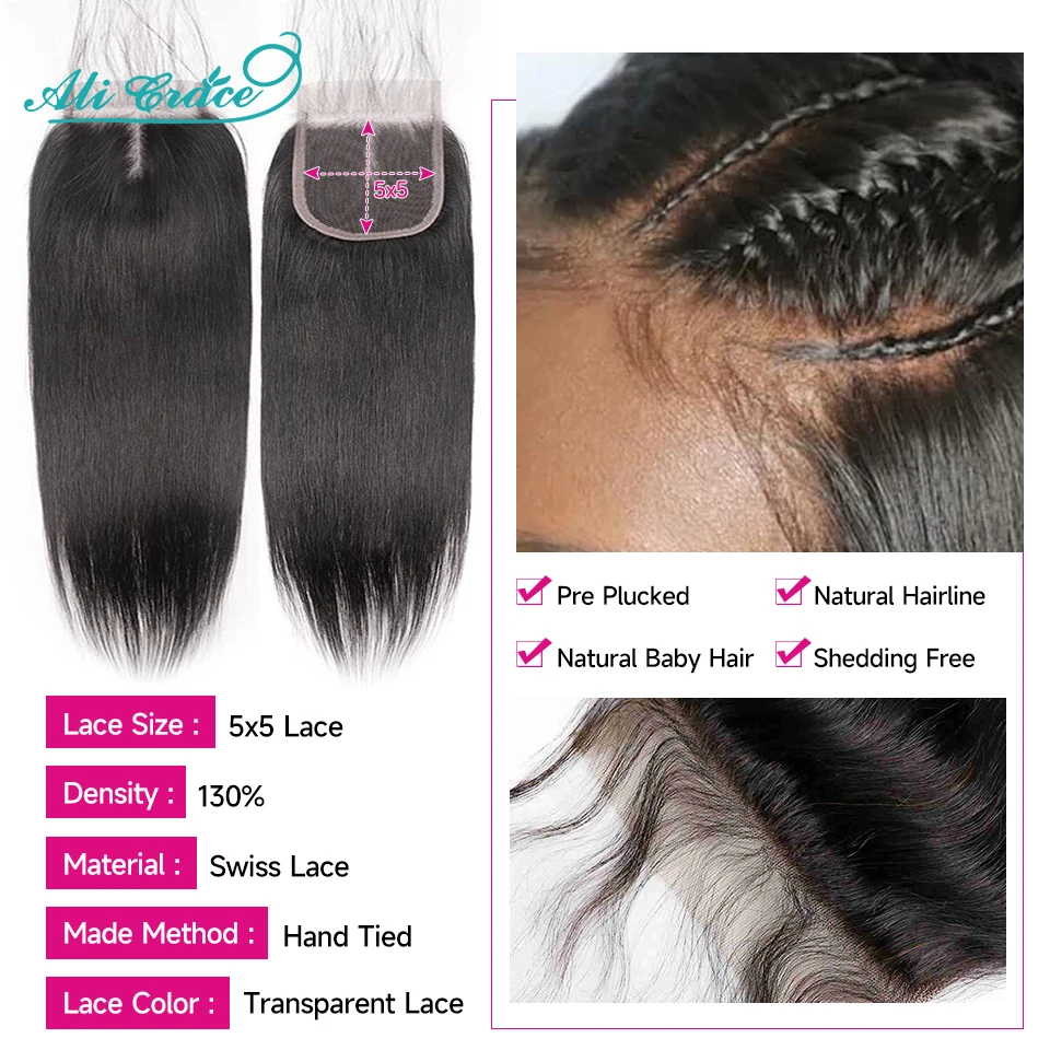 Ali Grace 5x5 Closure With Bundles Straight Hair 3 Bundle With Closure Brazilian Human Hair Weave Transparent Lace 30 32