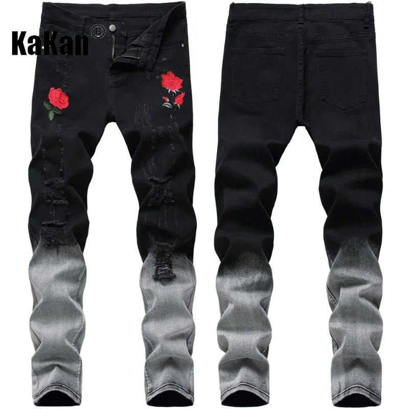 Kakan - European and American New Black Feet Jeans for Men, Original Design Rose Hole Long Jeans K21-1855