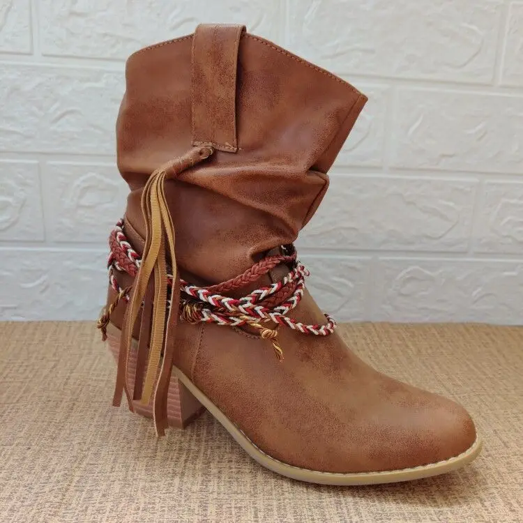 

Retro Ethnic Style Western Cowboy Boots Round Toe Block Heel Tassel Braid Short Leg Women's Boots Large Size Women's Shoes 34&43