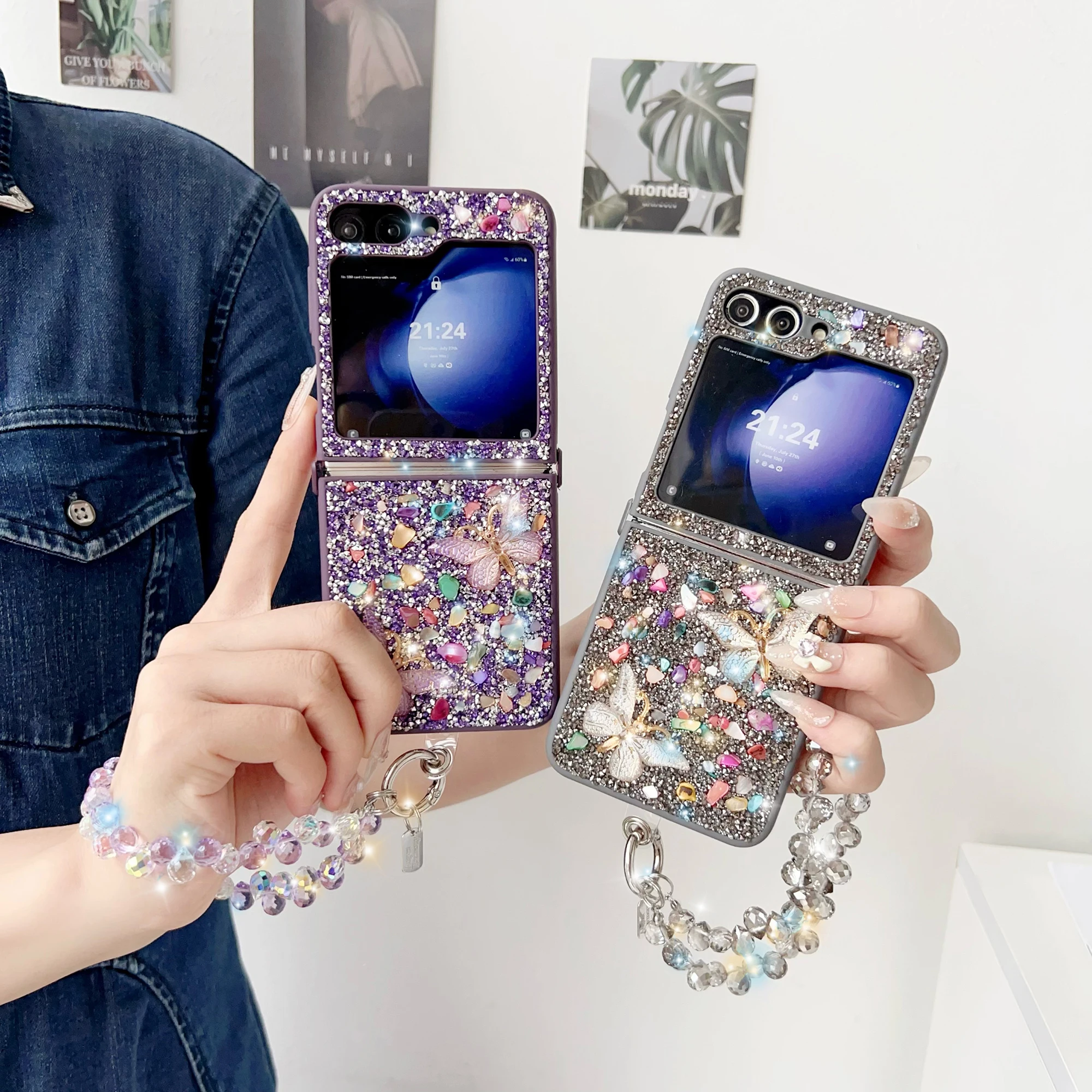 Per Samsung Galaxy Z Flip 3 4 5 6 Custodia per telefono con cinturino a farfalla in pietra colorata e cristallo scintillante elegante e carina_voghion.com