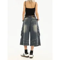 American Style Women Vintage Washed Workwear Denim Shorts with Multiple Pockets Pleated Design Loose Drapey Seven-Foot Pants - Image 4