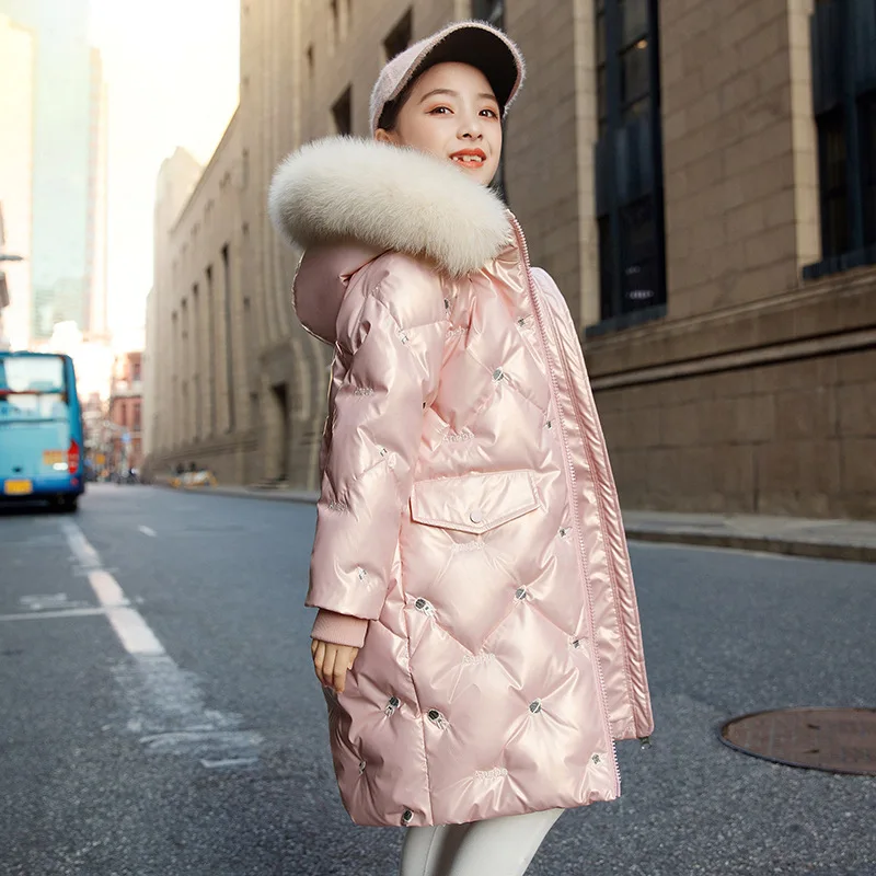 

Winter Down Jacket for Children Thick Warm Shiny Snowsuit Kids Clothes for Girls Fashion New Printed Coat with Fur Collar 4-12 Y
