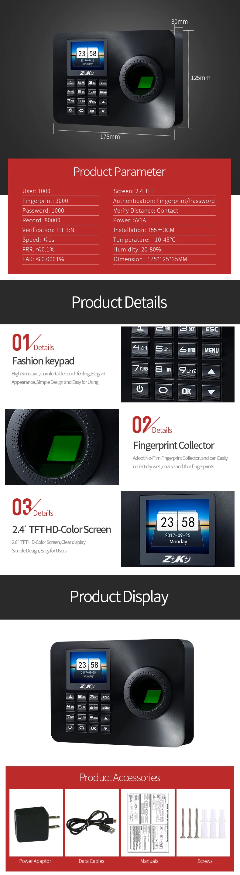 2.4' High Resolution Color Display X1 Fingerprint Time Attendance Series