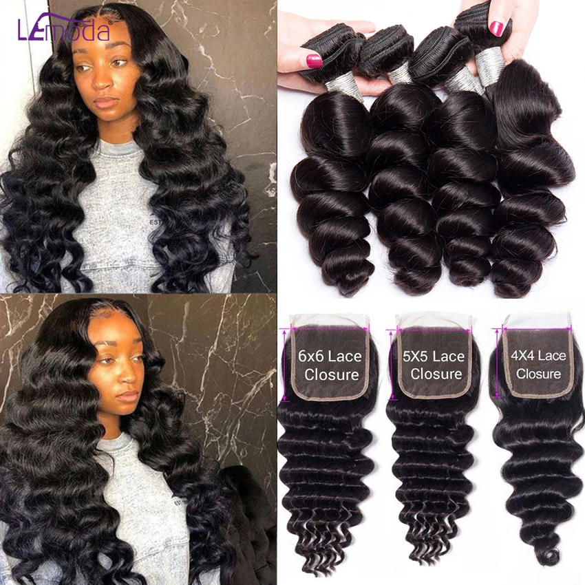 

6x6 Lace Closure With Loose Wave Human Hair Bundles With 5x5 HD Lace Frontal Closure Brazilian Remy Hair Weaving Extensions