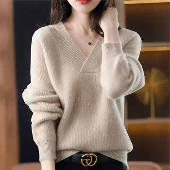 Cashmere Sweater Women's 100% Wool Sweater Fashion V-neck Knitted Pullover 2024 Winter and Autumn New Loose Solid Soft Sweater 1