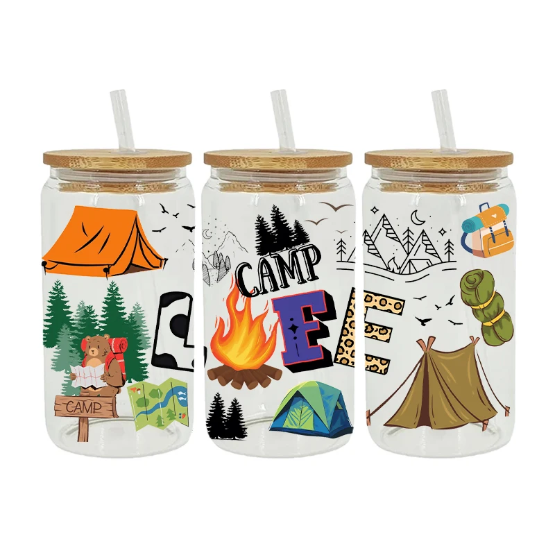 Crazy Camping Life Funny Camper Camp Printed UV DTF Transfer Wraps For Glass Cup 16OZ Transfer Stickers D7562