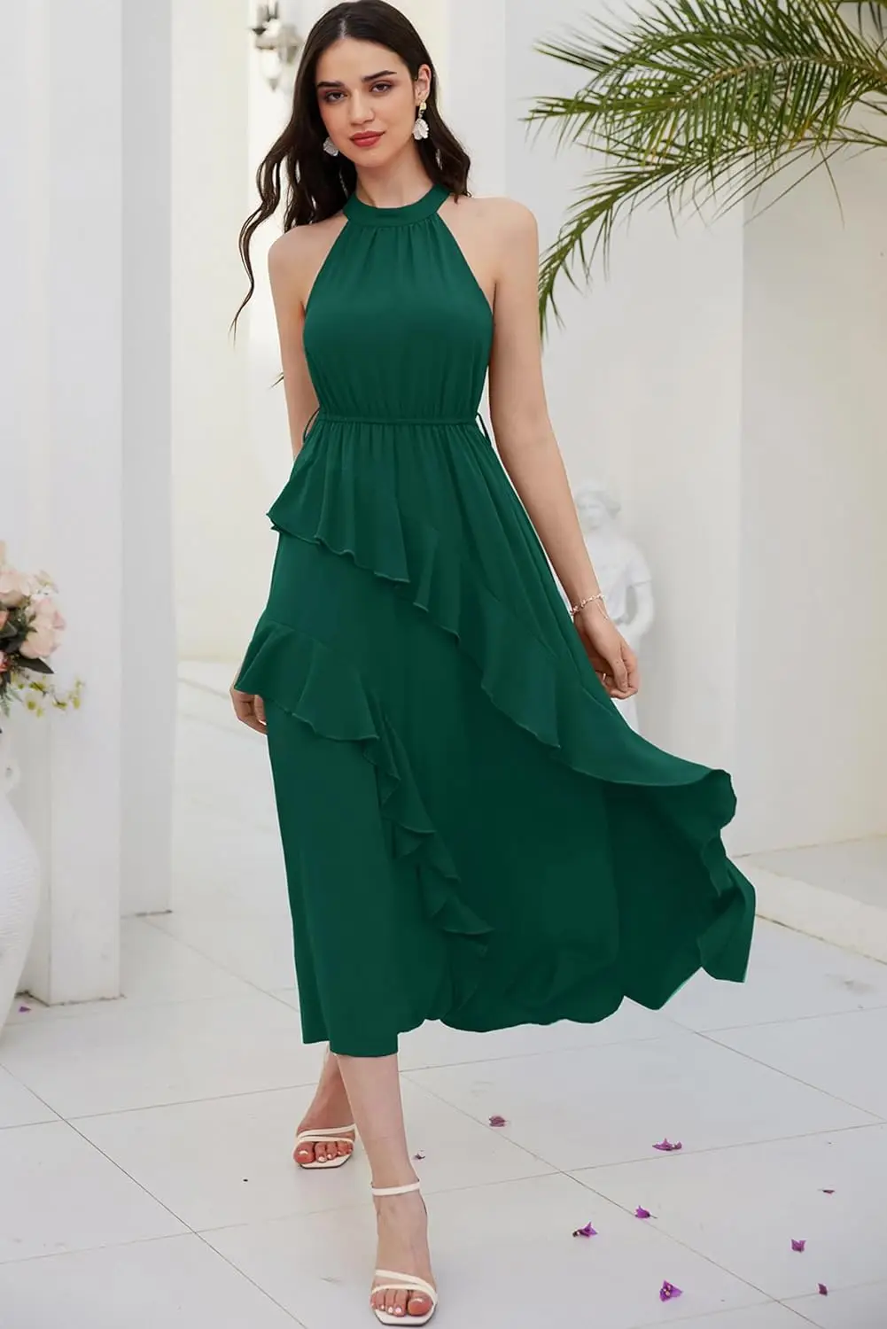 

Women's Casual Beach Chiffon Bridesmaid Dresses A-Line Long Summer Halter Neck Dress Ruffle Hem Split Flowy Swing Midi Growns