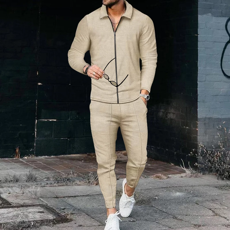 Fashion Waffle Fabric Two-piece Jacket Suits Men's Zipper Jacket Long Sleeve Tops Slim Fit Lace-up Sweatpants Sports Casual Male