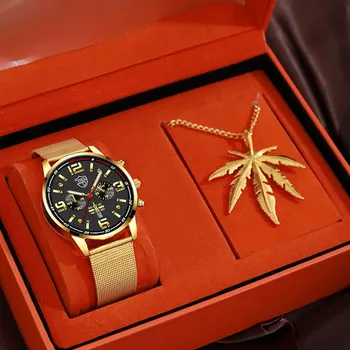 2PCS Fashion Mens Business Sports Watches Male Casual Stainless Steel Mesh Belt Quartz Watch Men Necklace Wrist Watch 1