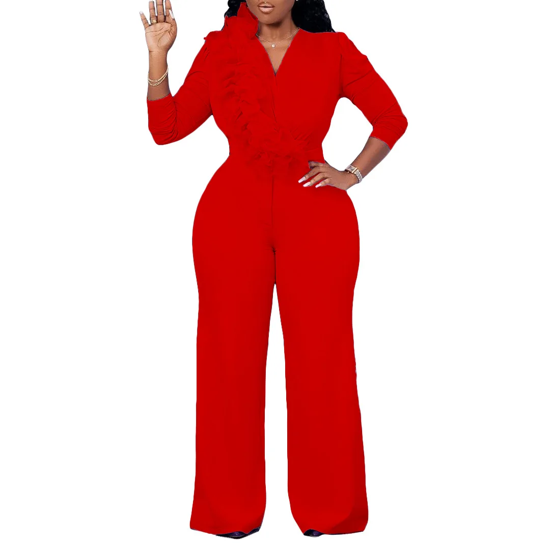 

2023 Autumn African Women Elegant Long Sleeve V-neck Polyester Red Yellow Blue White Long Jumpsuit African Clohtes for Women