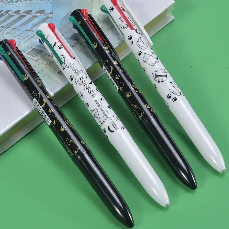 2 Pcs Multifunction Ballpoint Pen 4 In 1 Four-Color Cat Office Student Stationery