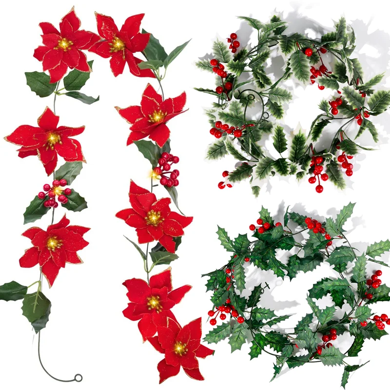 LED Christmas Flowers Wreath String Lights Artificial Fake Leaves Red Berry Garland Rattan Lighting Strings For Home Party Decor