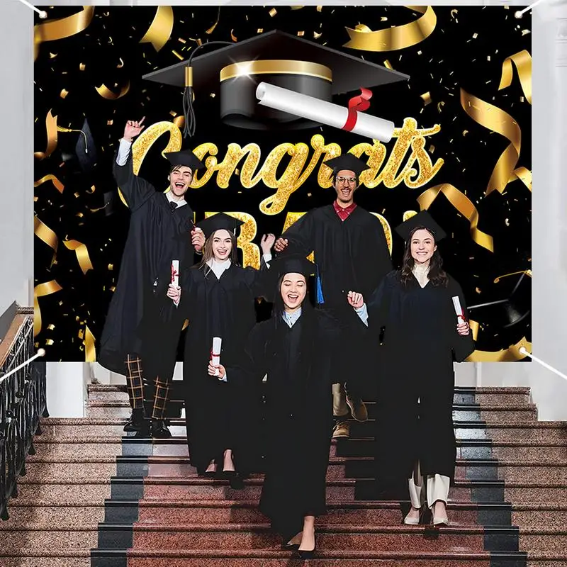 Congrats Grad Backdrop Black and Gold Congrats Party Banner Photography Prop 82.7x59in Background Party Decorations for School