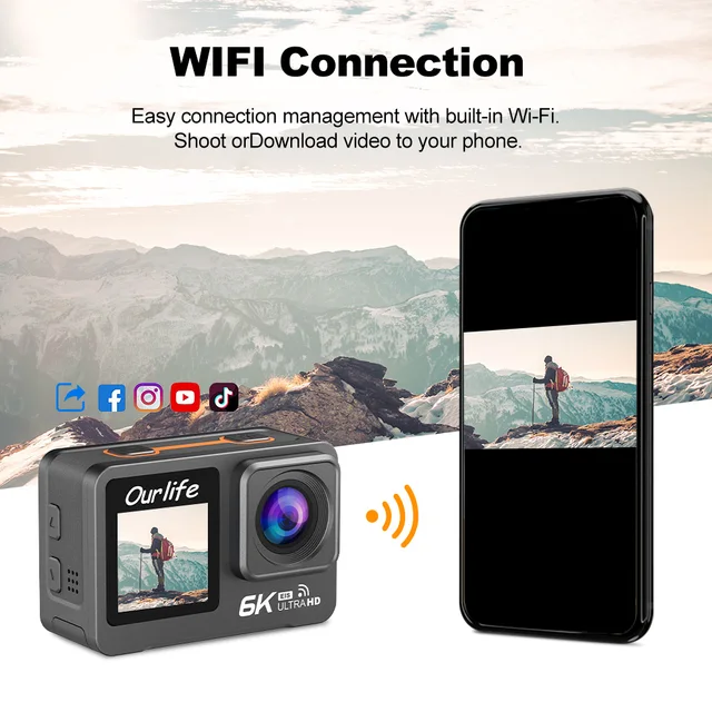 Action Camera 6K 5K 4K60FPS 170° Wide Angle  30M Waterproof Dual Screen Sport Camera EIS Bicycle Helmet Motorcycles Action Cam 4