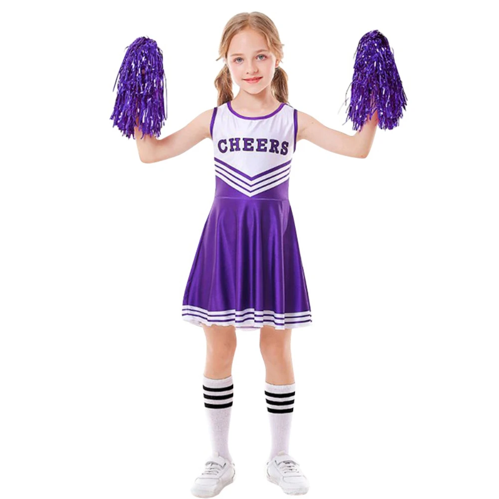 Kid Girls Cheerleader Costume Dress Pompoms Outfit Purim Schoolgirl Cheer Stage Performance Cheerleading Uniform Team Sports