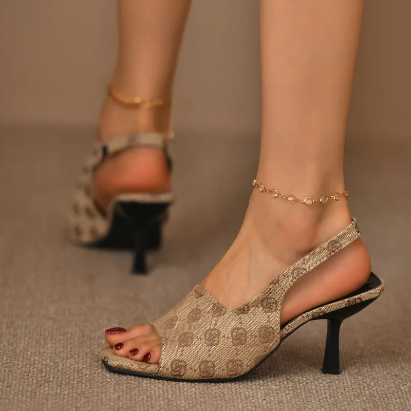 2024 Women's Printed Designer High Heel Sandals Luxury Brand Stilettos Women's Shoes Pointed Toe Slip-on Party High Heels