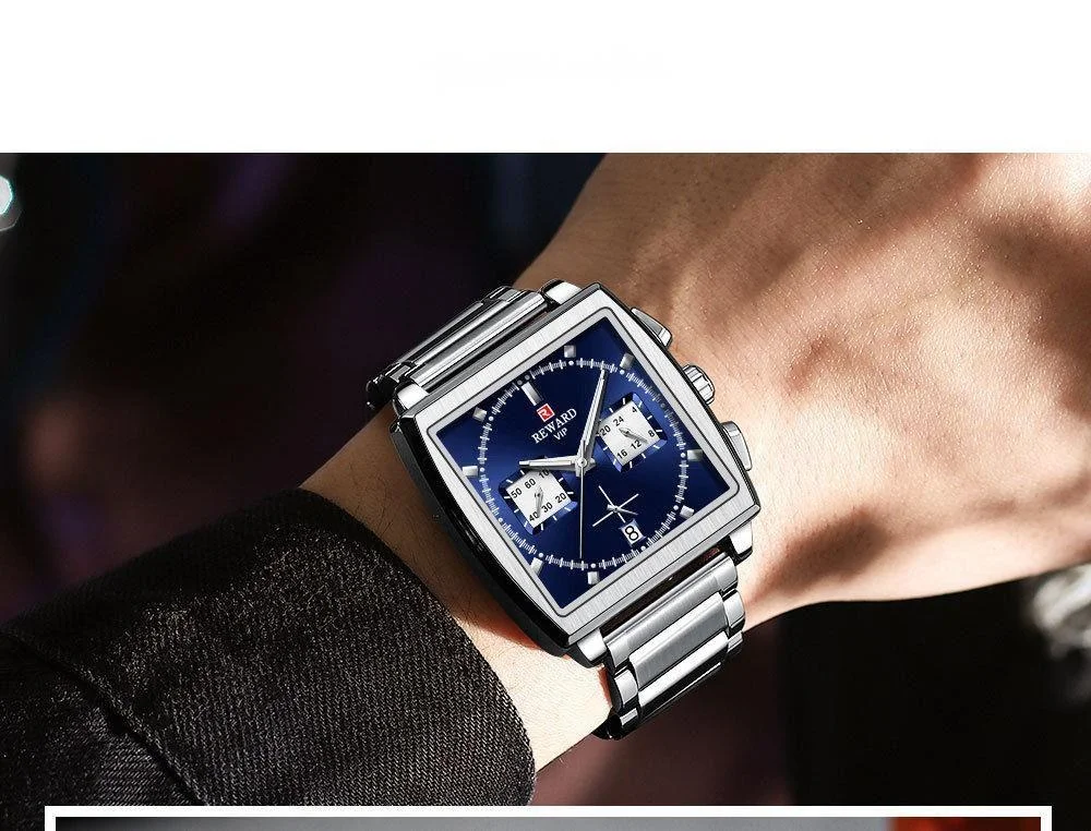 Nouvelle montre Reward Square Montre d'affaires pour hommes Calendrier de synchronisation 24 heures Multifonctionnel Étanche Montre pour hommes Bracelet en acier inoxydable_voghion.com