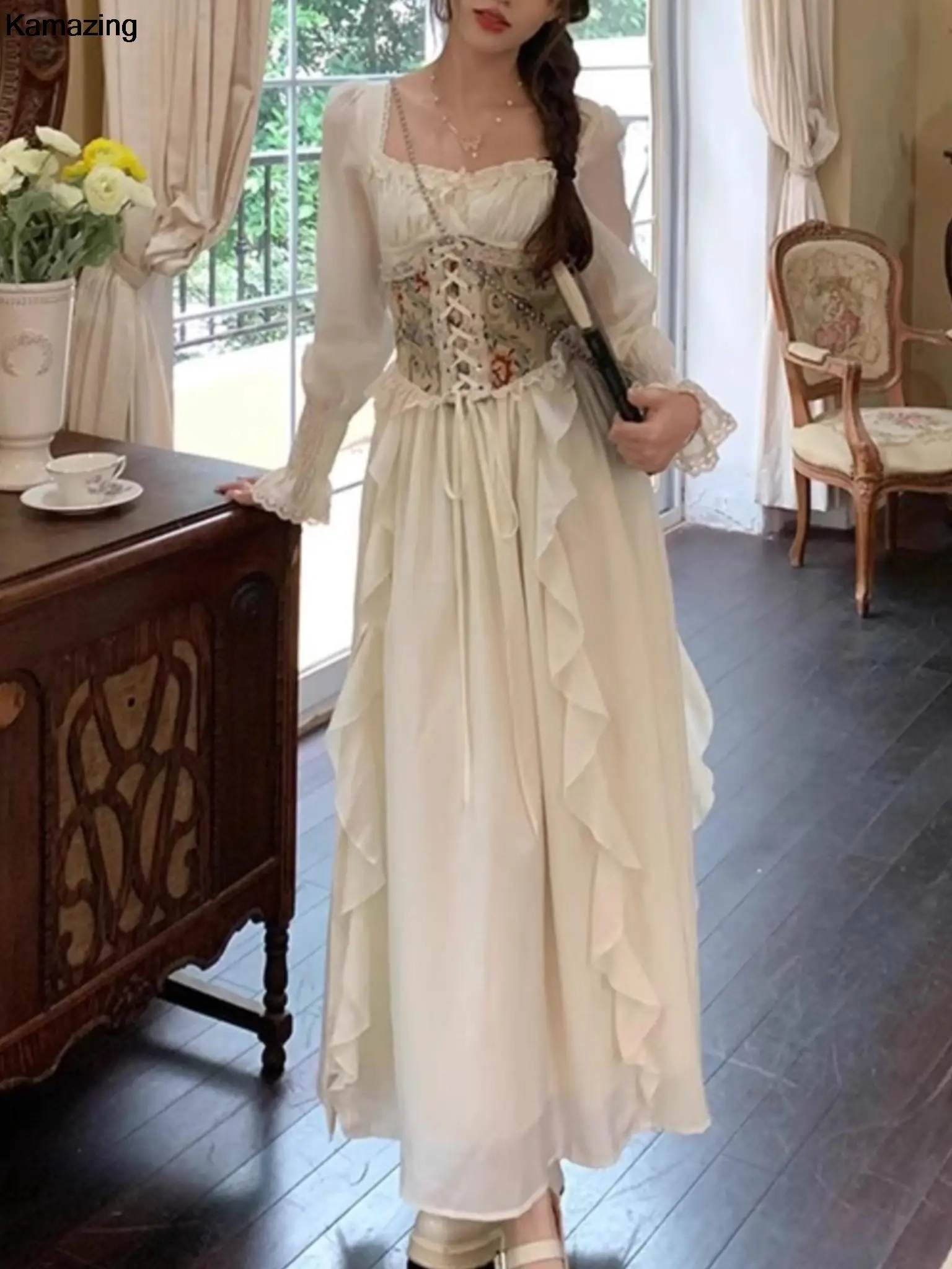 Women Vintage European Corset Midi Dress French Elegant Square