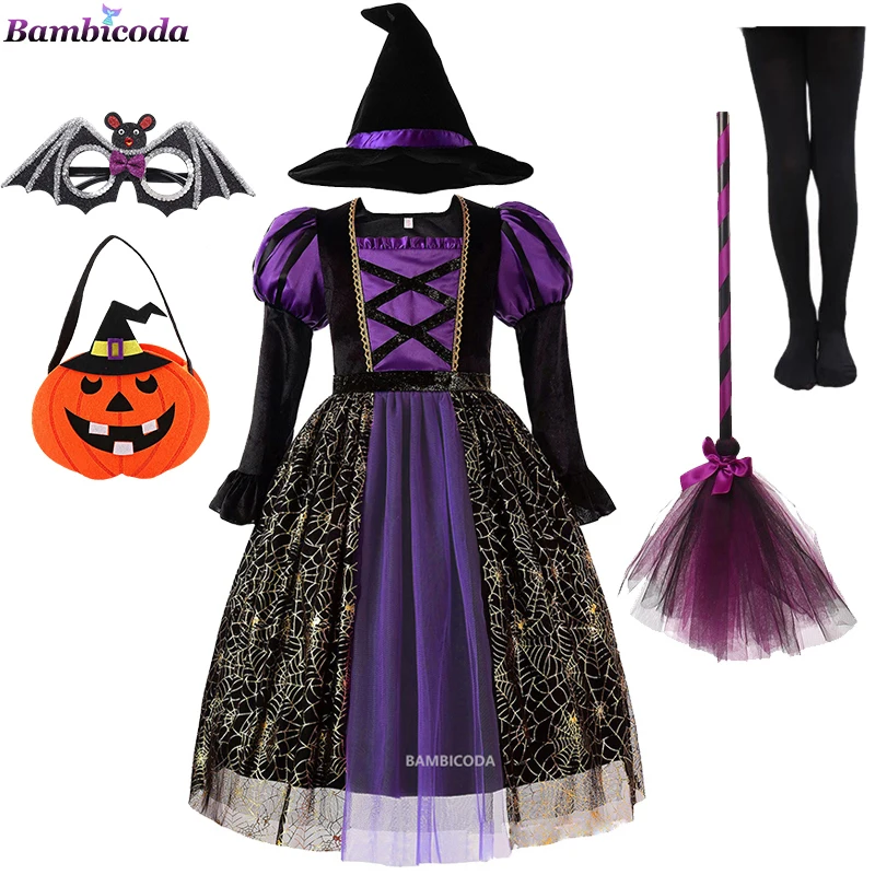 Halloween Children Girls Witch Party Dress Gothic Ghost Costume Kids Gown Robe Tutu Dress Witch Hat for Purim Carnival Party